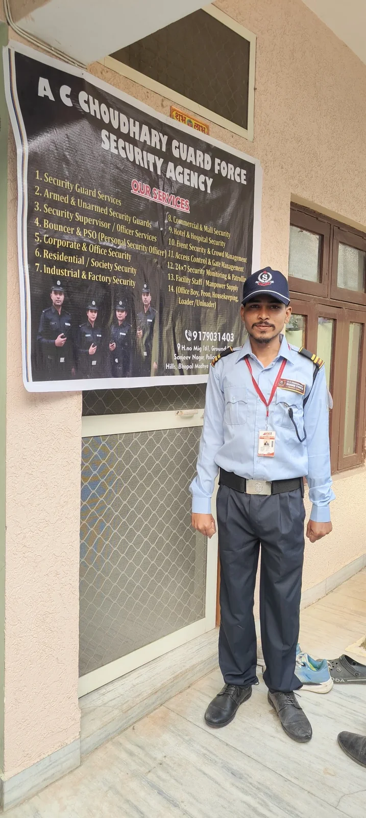 Uniformed AC Choudhary Guard Force security guard at the agency office